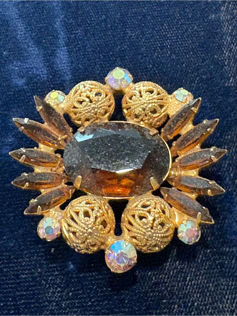 Vintage 1964 Juliana Gold-Tone Brown Crystal  Brooch with AB Accents